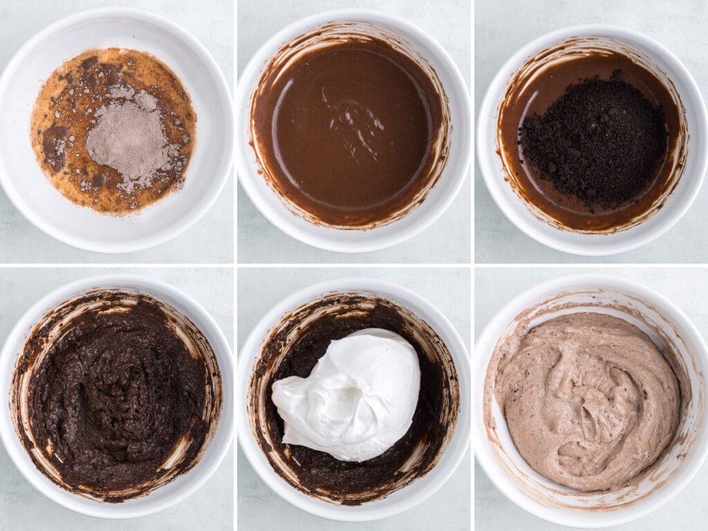 Process photos showing how to make this no bake dirt pie.