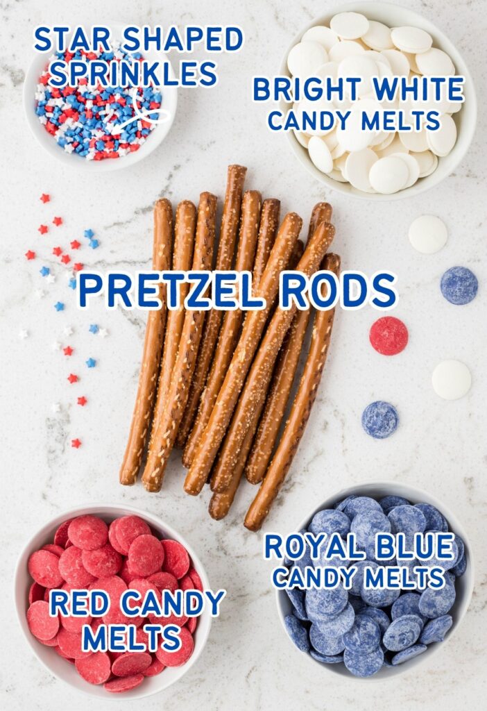 These Patriotic Pretzel Rods are a festive red, white, & blue addition to any Fourth of July party! Easy to make with pretzel rods and colored candy melts. 