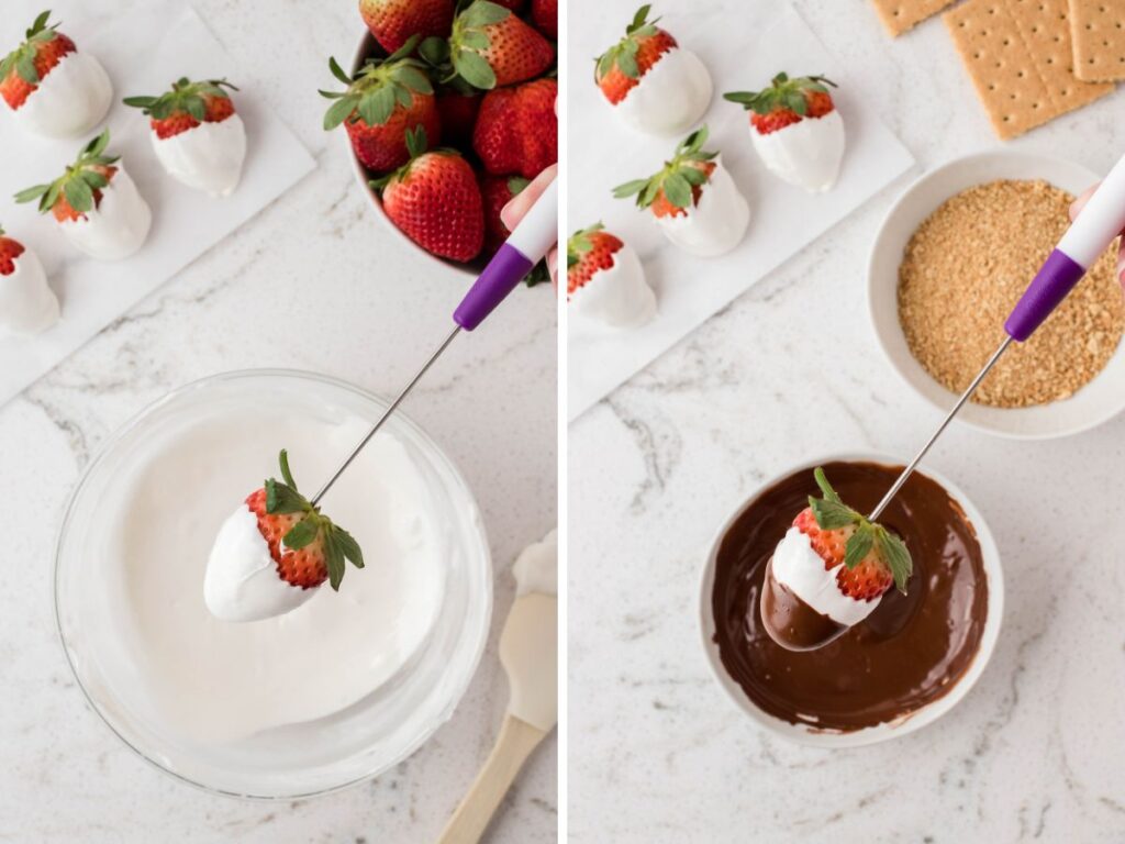 Photos showing how to make this dipped strawberry recipe with layers of s'mores. 