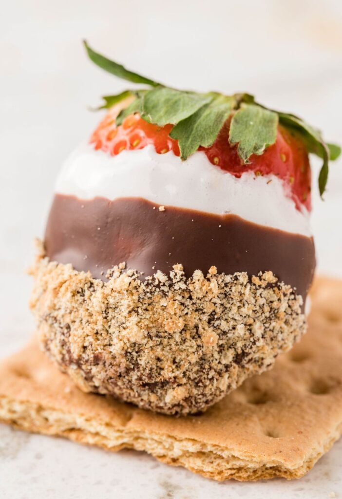 A dipped strawberry sitting atop a graham cracker.