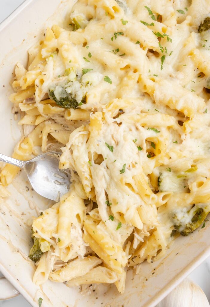 A scoop inside this pasta bake