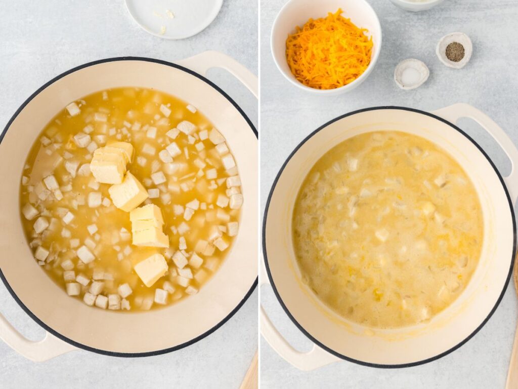 Process photos for how to make this potato soup.