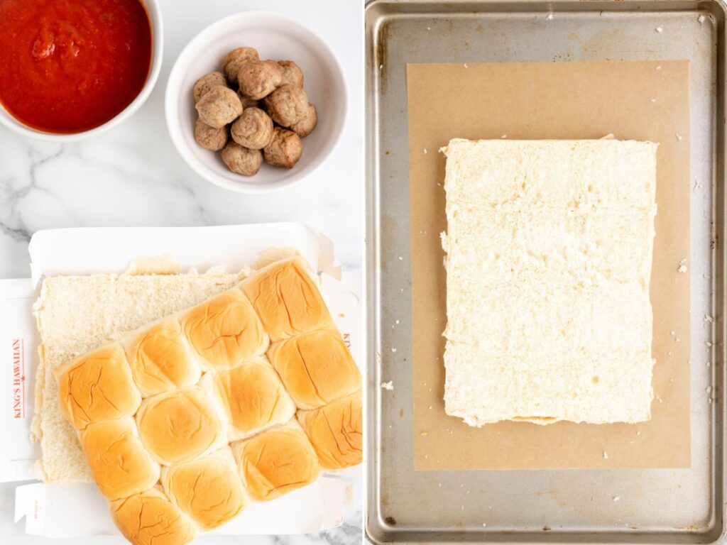 Process photos for how to make these slider with Hawaiian rolls and frozen meatballs. 