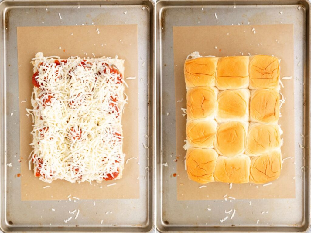 Process photos for how to make these slider with Hawaiian rolls and frozen meatballs.