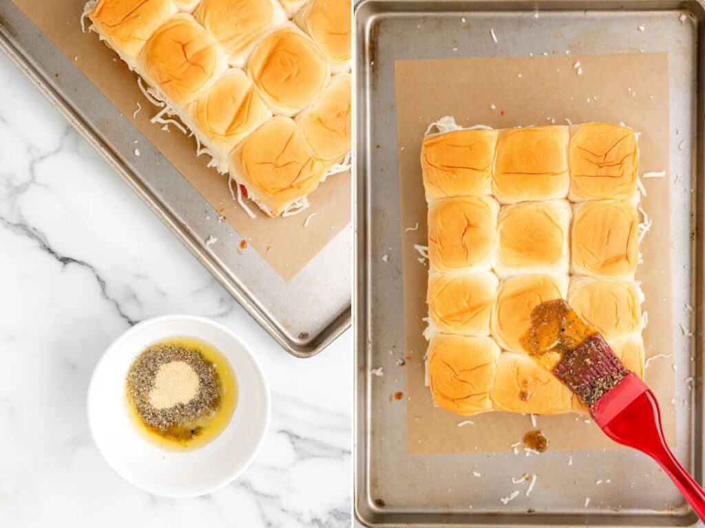 Process photos for how to make these slider with Hawaiian rolls and frozen meatballs.
