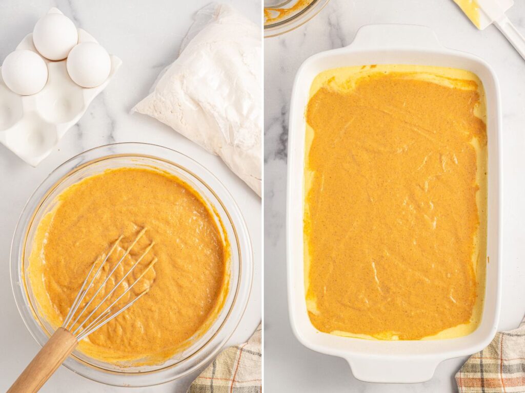 Process photos for this pumpkin cake with magic layers.