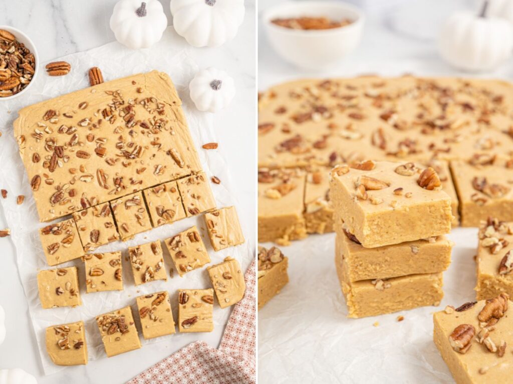 Process photos showing how to make this fudge recipe with pumpkin and pumpkin spice.