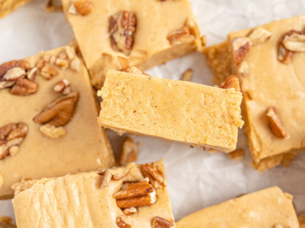 Process photos showing how to make this fudge recipe with pumpkin and pumpkin spice.