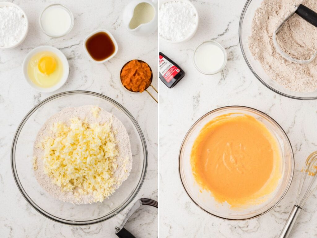 Process photos for how to make pumpkin scones. 