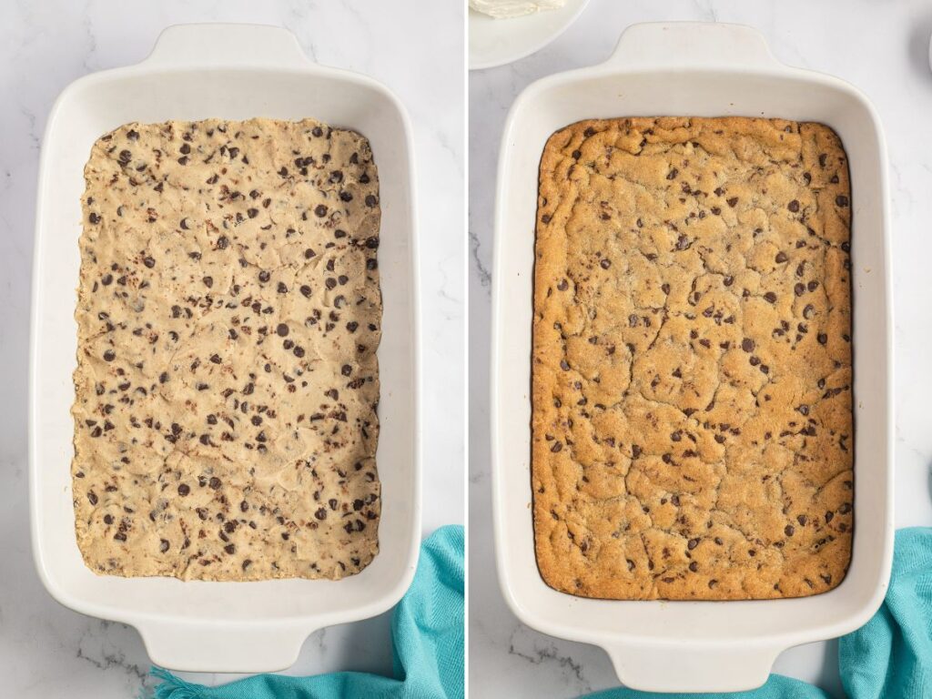 Process photos for this layered lush dessert recipe, also called cookie dough delight. 