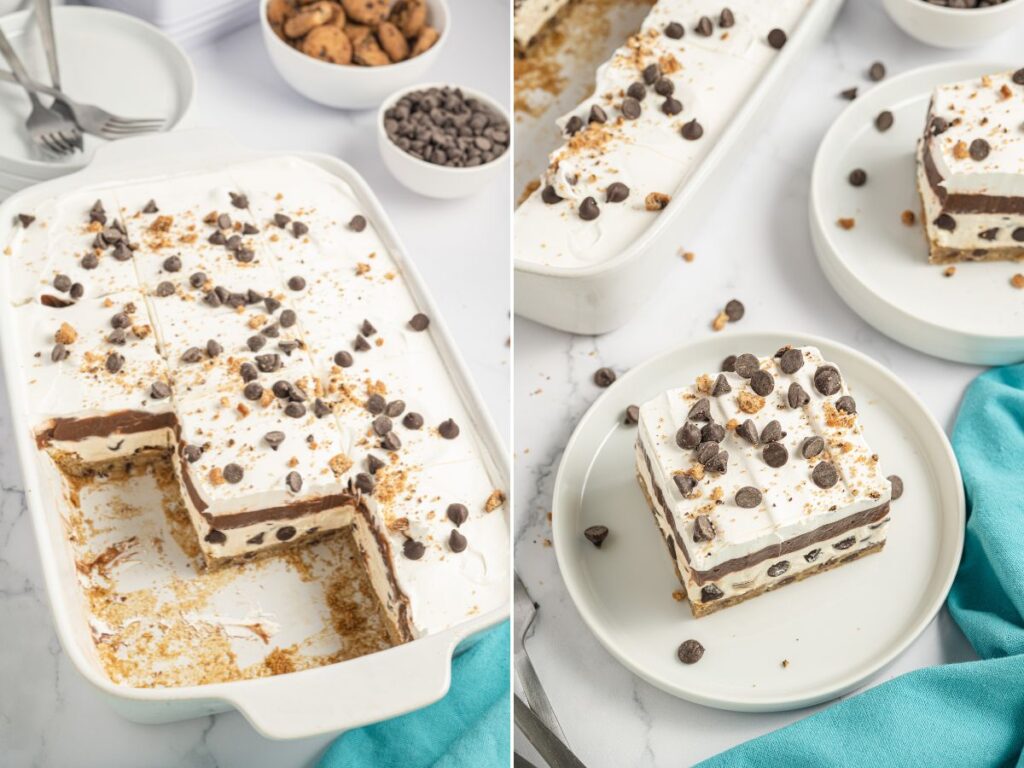 Process photos for this layered lush dessert recipe, also called cookie dough delight.