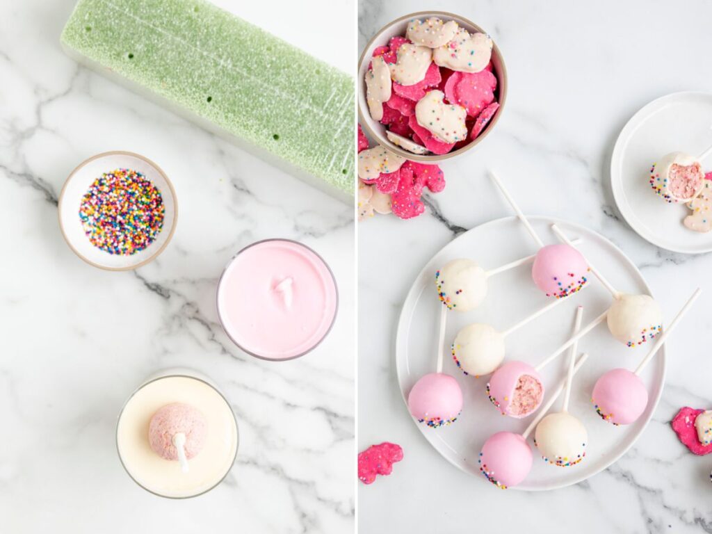 Process photos for how to make this cake pop recipe with circus animal cookies.