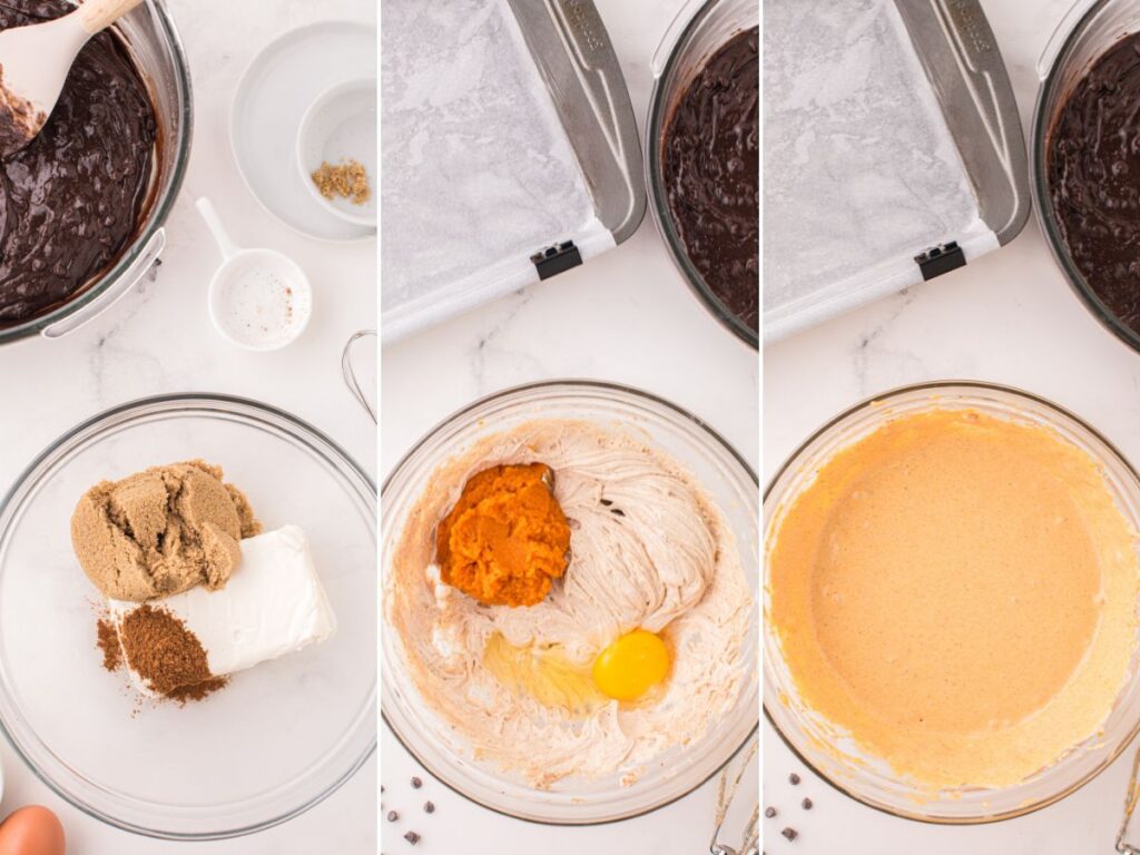 Process photos for how to make this pumpkin brownie recipe.