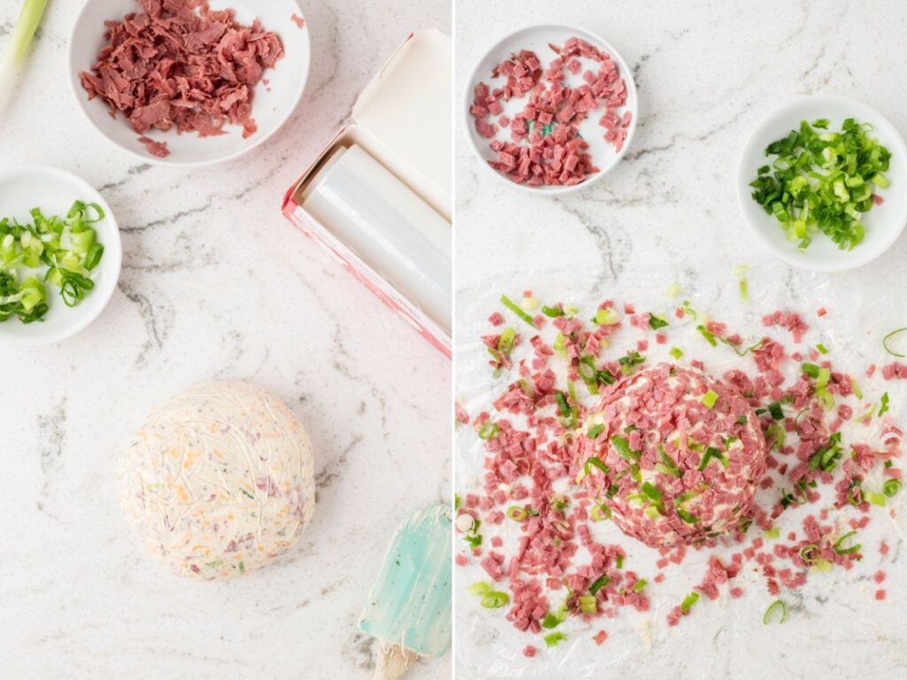 Process images for this chipped beef cheeseball appetizer recipe.