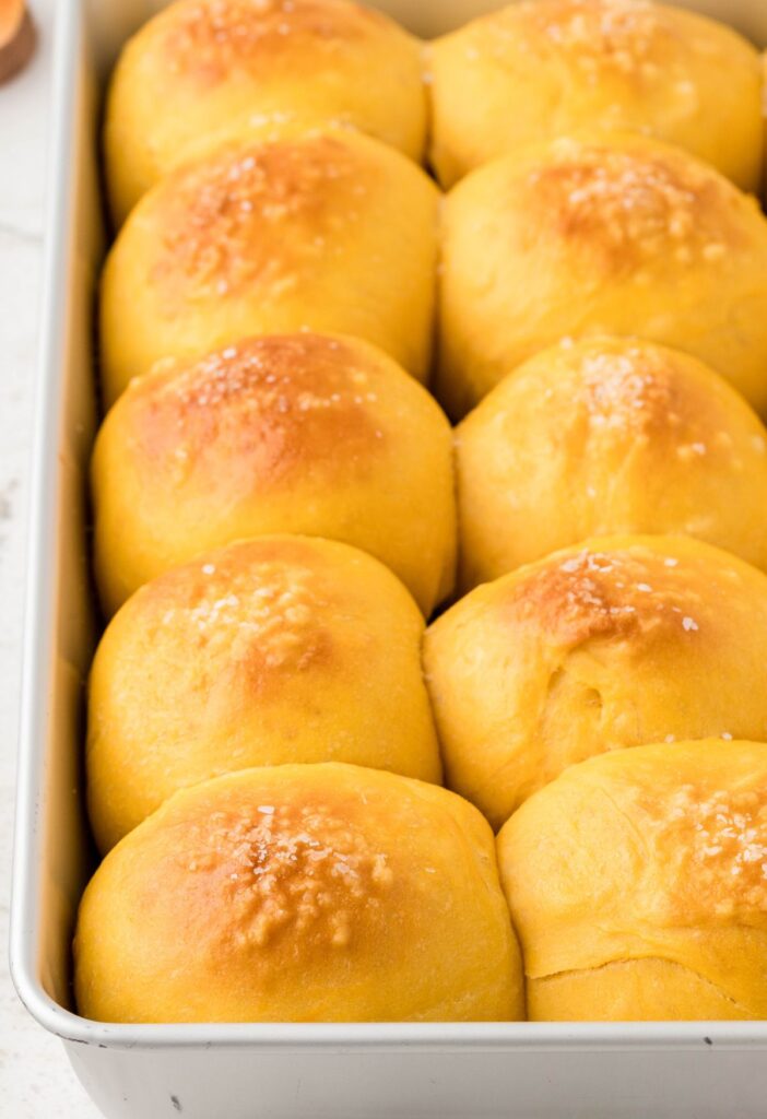 Side view of a pan of rolls