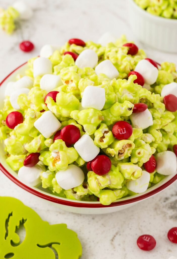 A bowl of popcorn for the grinch movie. 