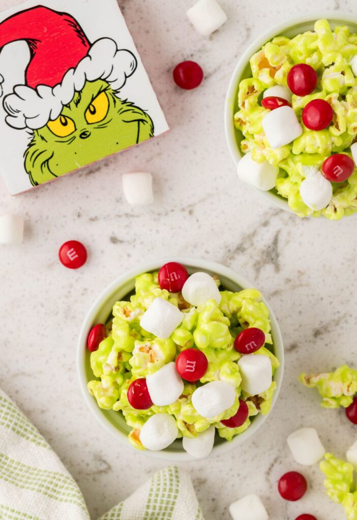 Hero shot of the grinch popcorn recipe for a Christmas grinch party. 