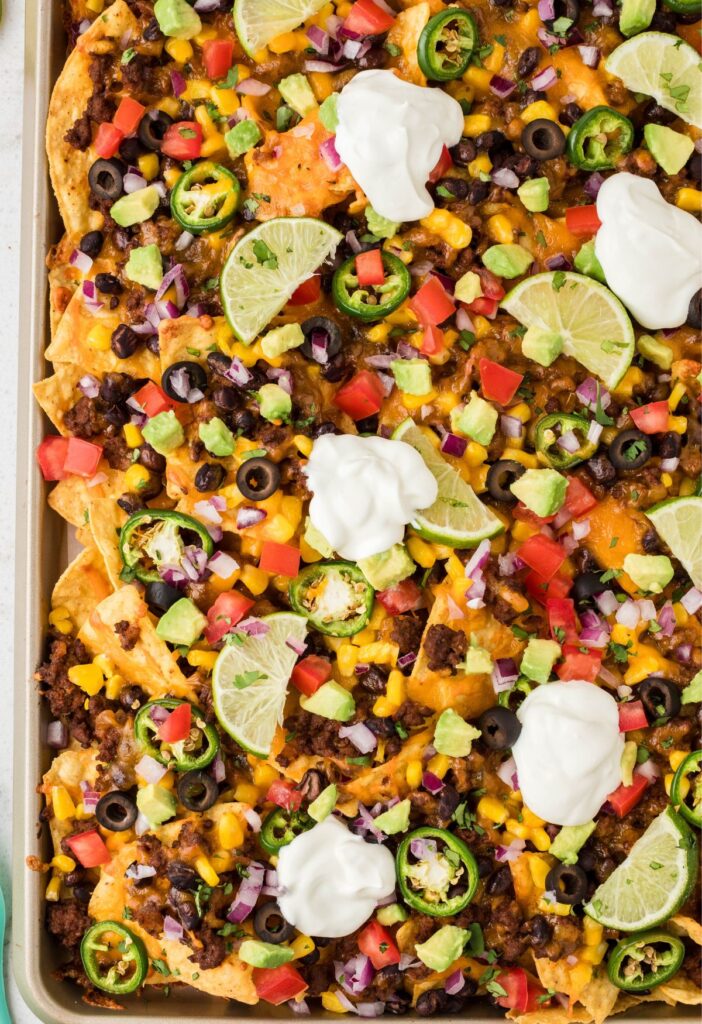 Overhead picture of nachos with toppings