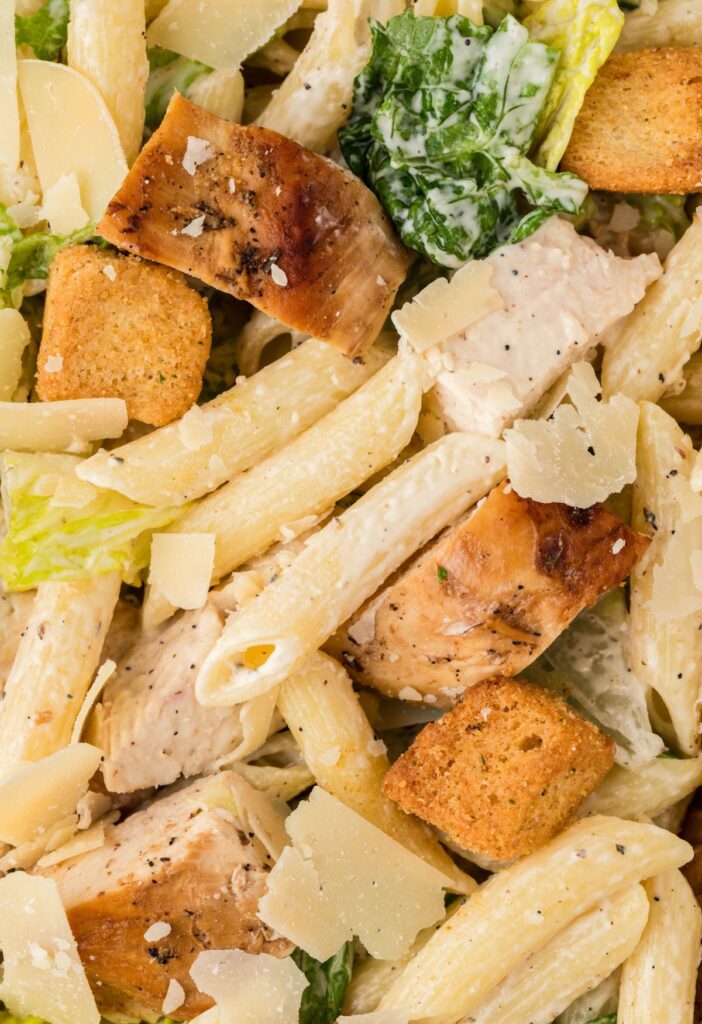 A close up of the pasta salad with chicken