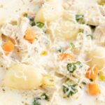 A white bowl of soup with chicken, gnocchi, and veggies.
