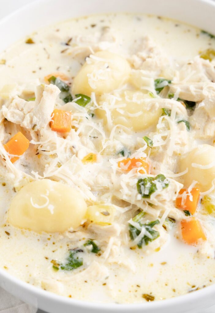 A white bowl of soup with chicken, gnocchi, and veggies.