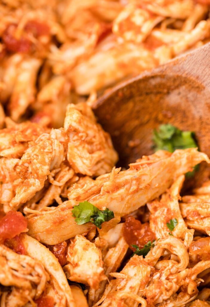 Close up of a wooden spoon with some shredded chicken on it. 