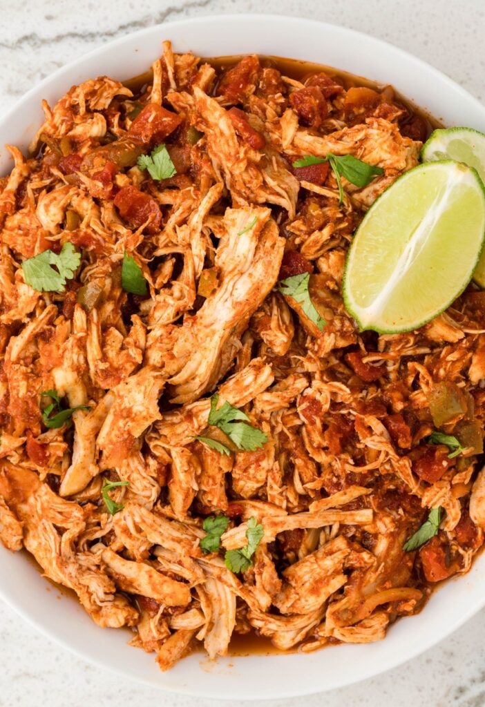 Overhead pic of the cooked shredded chicken with salsa