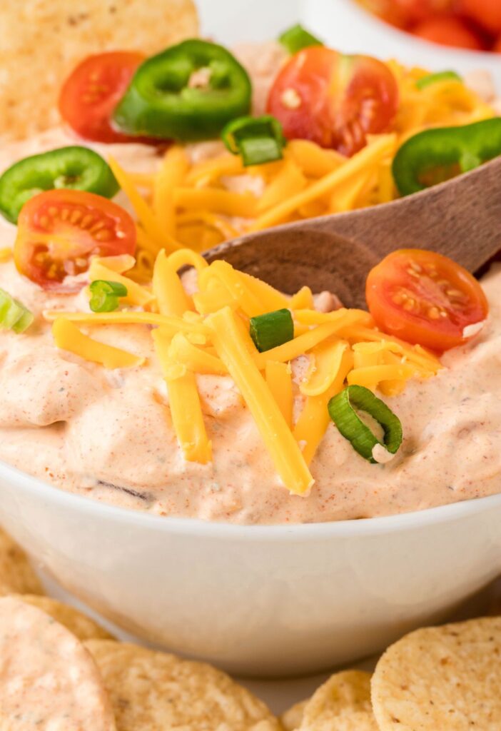 A bowl of creamy dip with cheese, green onion, and tomatoes on top. 
