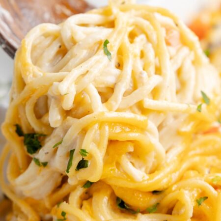 A serving spoon of cheesy spaghetti