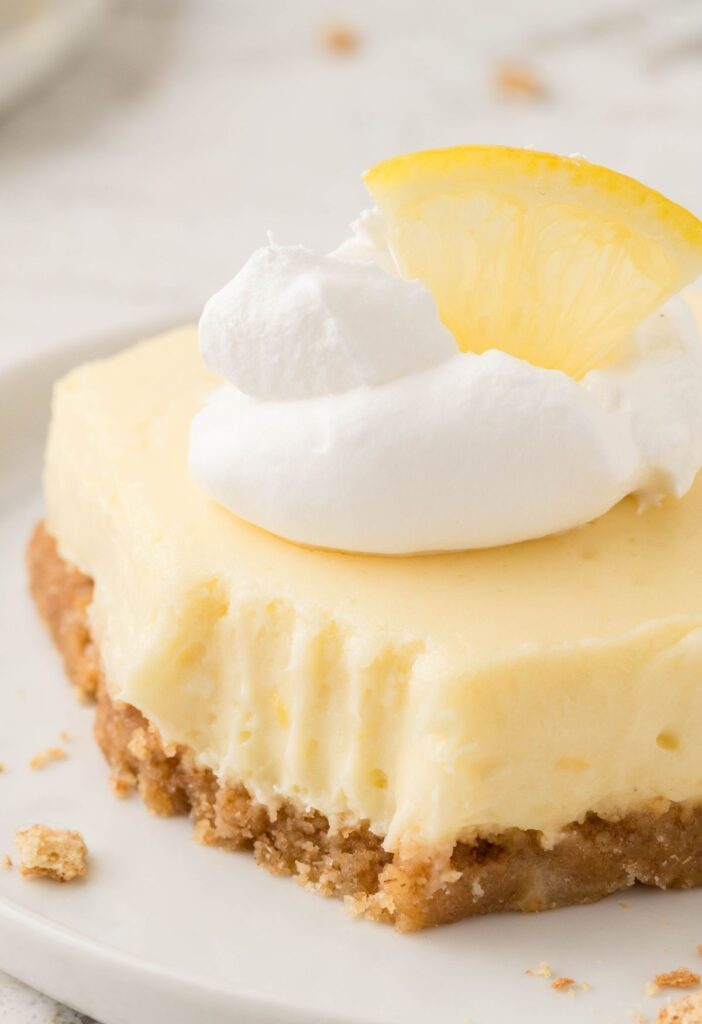 One square of cheesecake bar with whipped cream and a lemon wedge. 
