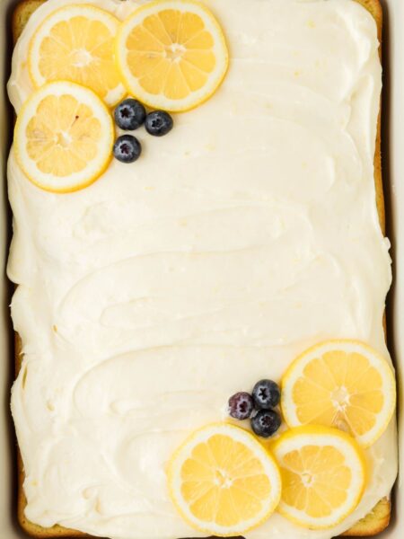 Overhead pic of the cake with blueberries and lemon.
