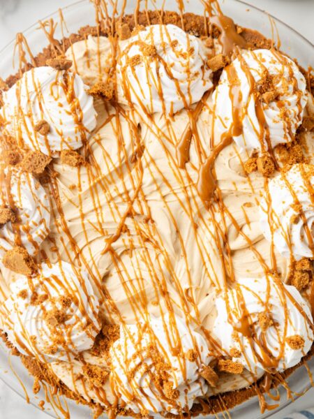 A no bake pie with a drizzle of biscoff spread.