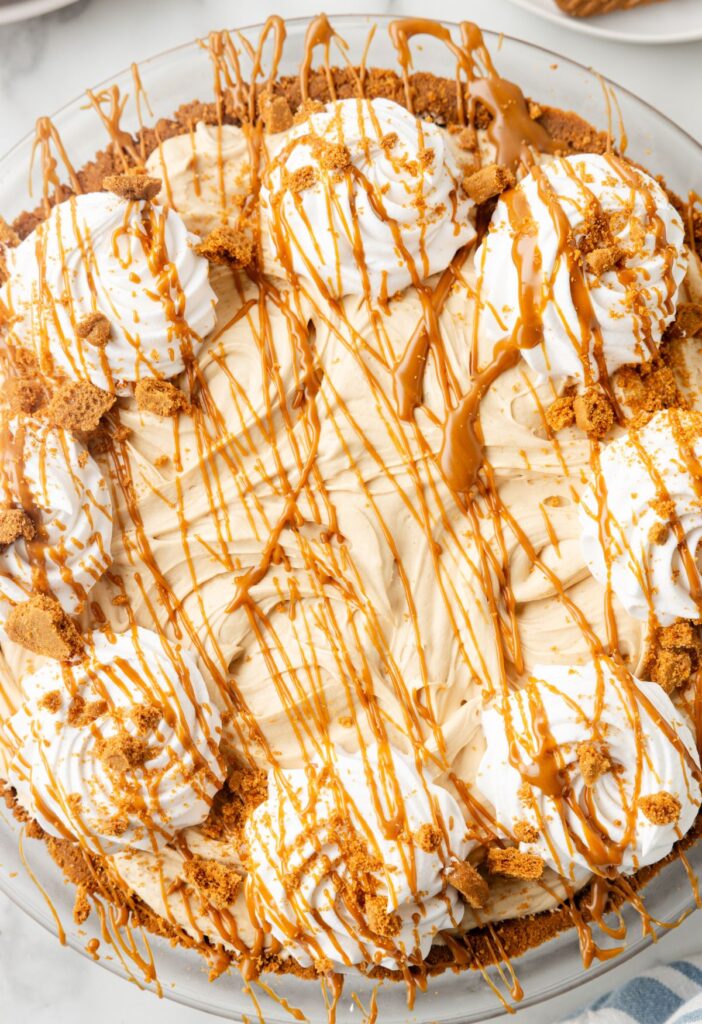 A no bake pie with a drizzle of biscoff spread. 