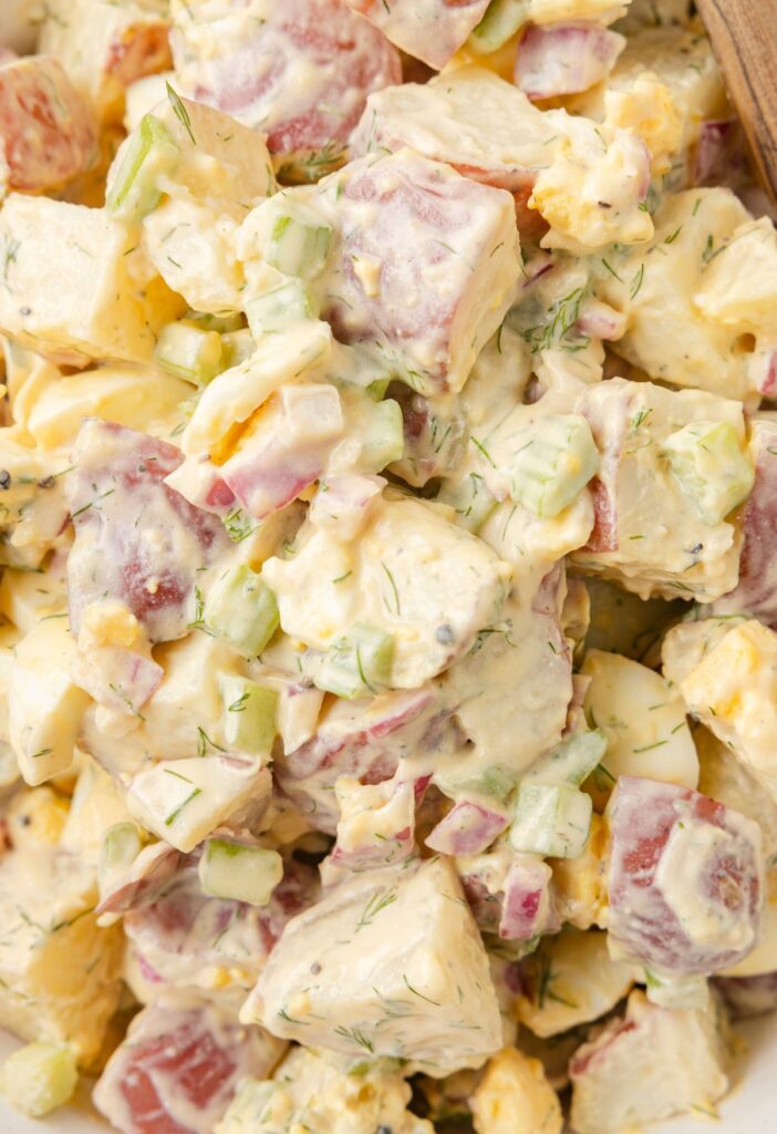 Close up of the potato salad with creamy mustard dressing