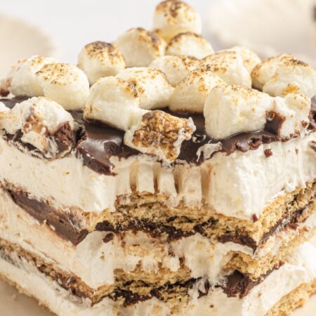 A slice of the s'mores cake with a fork bite taken out of the front.