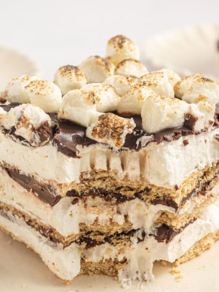 A slice of the s'mores cake with a fork bite taken out of the front.