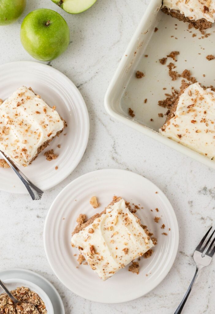 Overhead of the cake and a serving plate of a piece of the cake