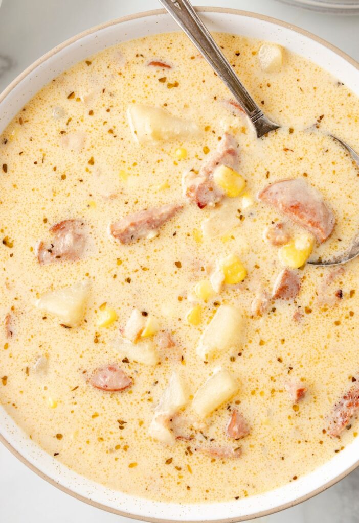 A bowl of the chowder with kielbasa and corn. 