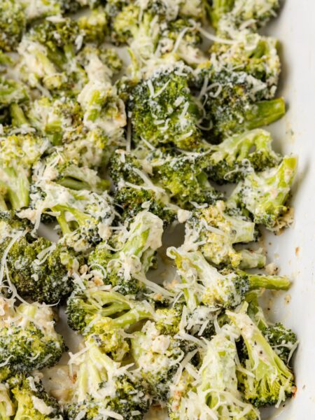 Pan of roasted broccoli with cheese