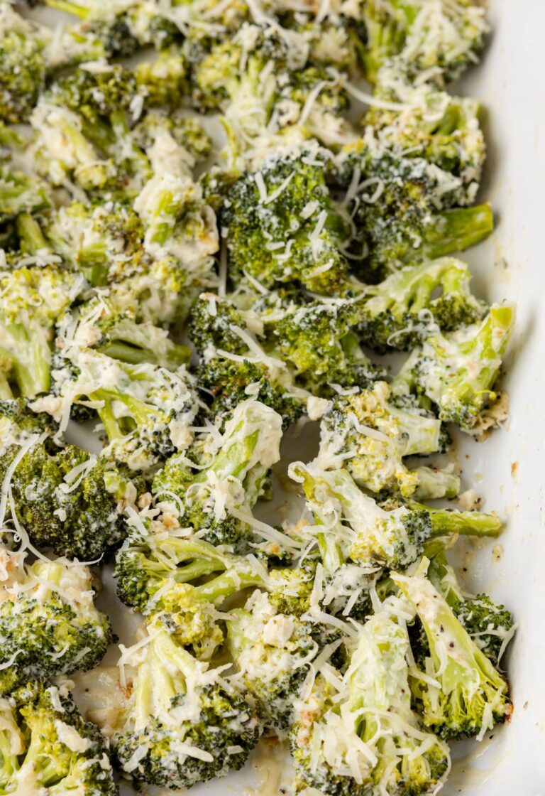 Pan of roasted broccoli with cheese