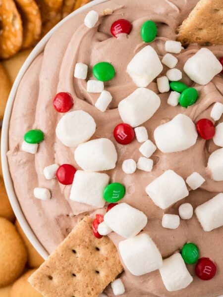 Top view of the hot cocoa dip in the serving bowl with marshmallows on top