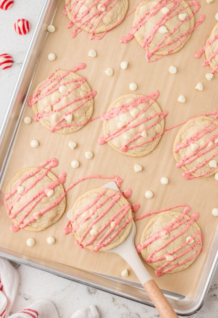 Pan of cookies with a spatula