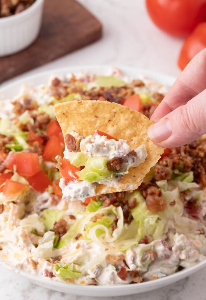 Hand holding a chip with some dip on it.