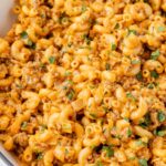 A pot with cheeseburger macaroni in it