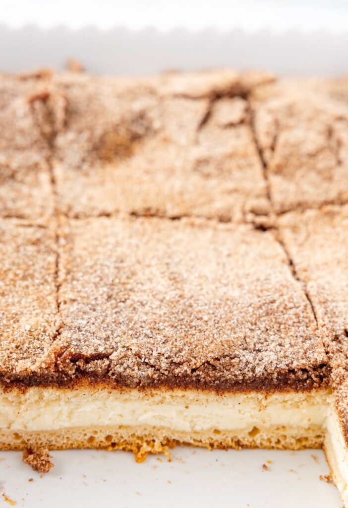 Churro cheesecake bars inside the baking pan with a side view