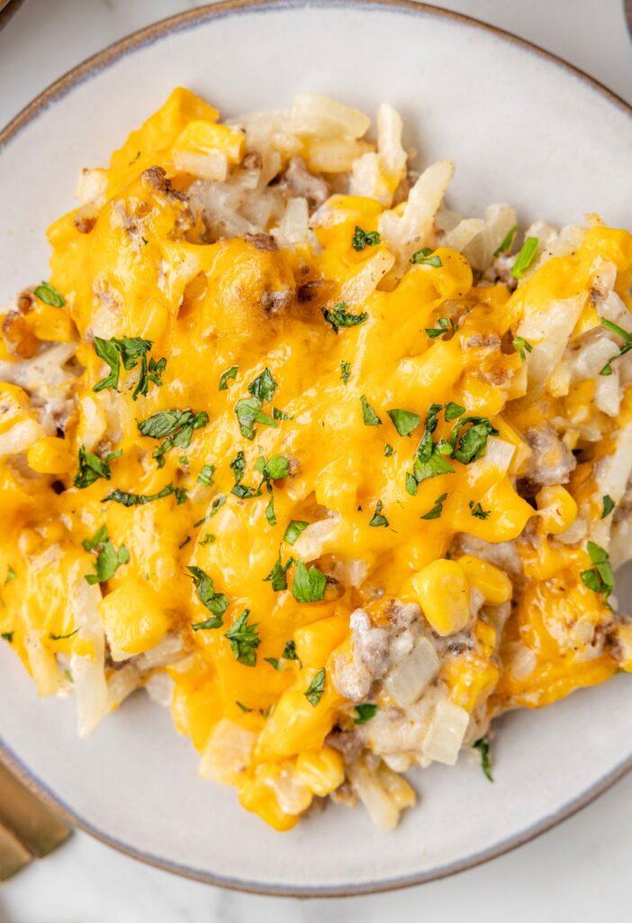 A serving the hamburger hash brown casserole