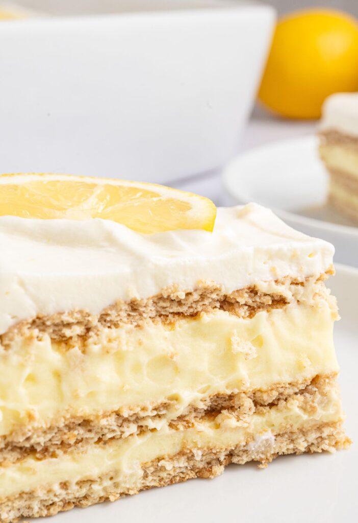 A slice of the icebox cake on a white plate