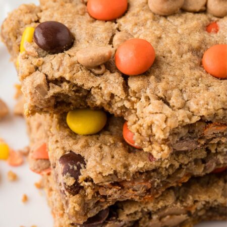 A stack of the peanut butter monster cookie bars