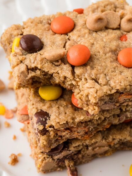 A stack of the peanut butter monster cookie bars