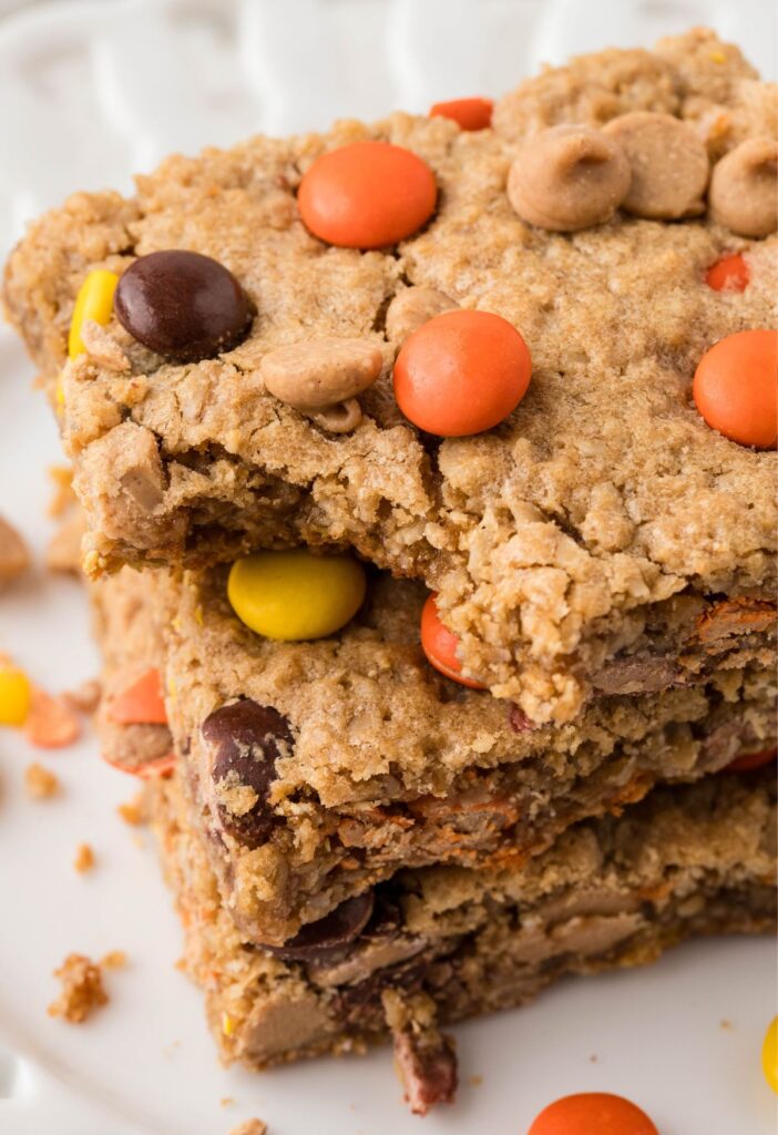 A stack of the peanut butter monster cookie bars
